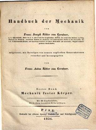 Handbuch der Mechanik, 1[,1]. Mechanik fester Körper