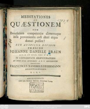Meditationes Ad Quaestionem Num Beneficium competentiae alimentaque inde provenientia cedi alteri atque donari possint?