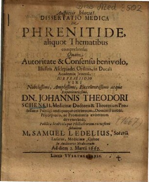 Dissertatio Medica De Phrenitide, aliquot Thematibus comprehensa