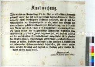 Bekanntmachung zur Erhaltung der öffentlichen Ruhe und Sicherheit in Wien