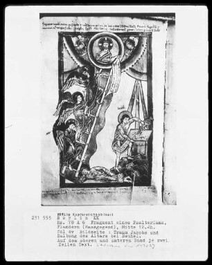 Fragment eines Psalteriums, fol. 4v Bildseite: Traum Jakobs und Salbung des Altars bei Bethlehem, auf dem oberen und unteren Rand je zwei Zeilen Text