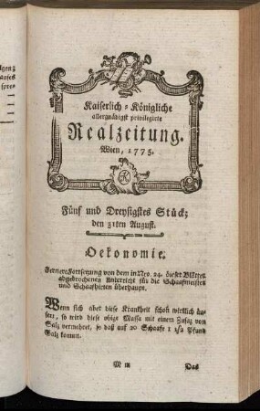Fünf und Dreysigstes Stück; den 31ten August. Wien, 1775.