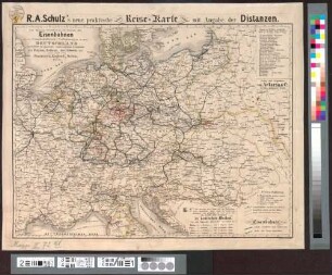 R. A. Schulz's neue praktische Reise-Karte mit Angabe der Distanzen : Zum allgemeinen Gebrauche, so wie zur Uebersicht aller Eisenbahnen und der Dampfschiffahrts-Verbindungen in ganz Deutschland mit Einschluss der gesammten Oesterreichischen Kaiserstaaten, ganz Belgien, Holland, der Schweiz und einem Theile von Frankreich, England u. Italien