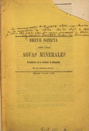 Breve noticia sobre varias aguas minerales descubiertas en la cordillera de Llanquihue