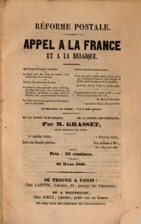 Réforme postale : Appel à la France et à la Belgique. De la poste électrique. De la poste souterraine. Par M. Cl. Grasset