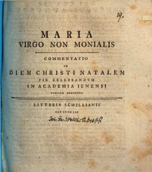 Maria virgo, non monialis : Commentatio ad diem Christi natalem pie celebrandum in academia Ienensi P. P.