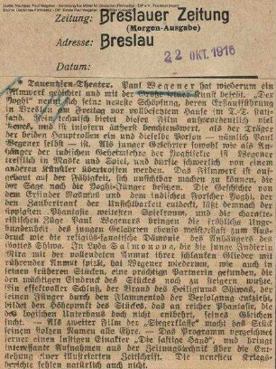 Kritik aus Breslauer Zeitung (22.10.1916).
