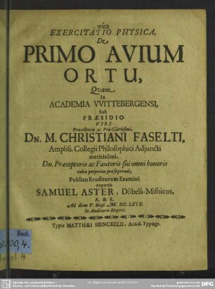 Exercitatio philologico-physica de primo avium ortu