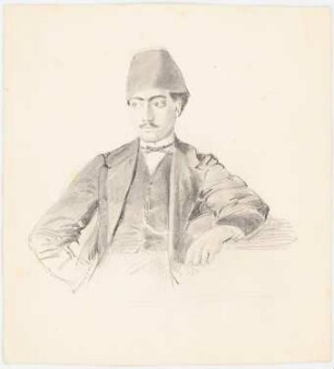 Portrait eines sitzenden jungen Mannes: Portrait eines jungen Mannes mit orientalischer Kappe