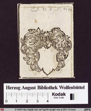 Leerer Wappenschild mit Spangenhelm nach heraldisch rechts und Helmdecke aus Akanthuslaub