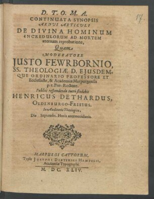 Continuata Synopsis Ardui Articuli De Divina Hominum Incredulorum Ad Mortem aeternam reprobatione