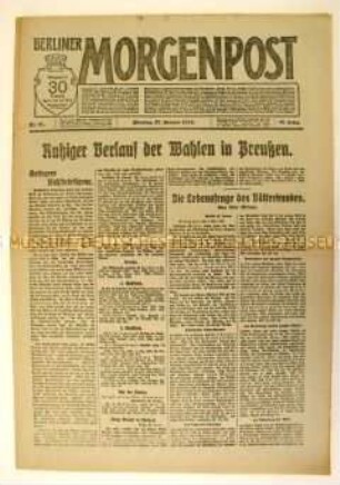 Tageszeitung "Berliner Morgenpost" zur Landtagswahl in Preußen