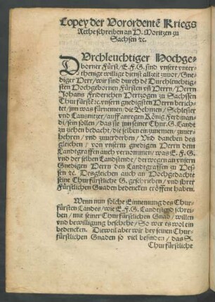 Copey der Vorordenten Kriegs Retheschreiben an D. Moritzen zu Sachsen etc.