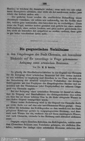Die geognostischen Verhältnisse in den Umgebungen der Stadt Chemnitz, mit besonderer Rücksicht auf die neuerdings in Frage gekommene Anlegung eines artesischen Brunnens