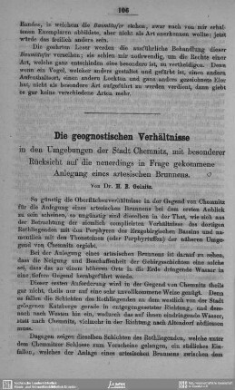 Die geognostischen Verhältnisse in den Umgebungen der Stadt Chemnitz, mit besonderer Rücksicht auf die neuerdings in Frage gekommene Anlegung eines artesischen Brunnens