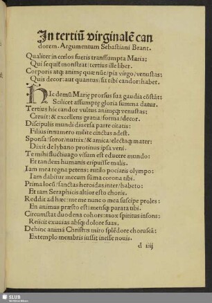 In tertium virginalem candorem. Argumentum Sebastiani Brant.