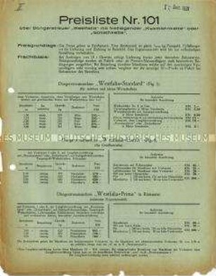 Preisliste Nr. 101 über Düngerstreuer "Westfalia" mit freiliegender "Kuxmannkette" oder "Goliathkette".