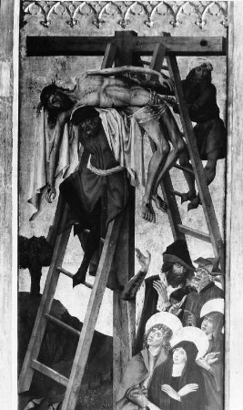 Flügel mit Kreuzabnahme Christi von einem Flügelaltar : Flügel mit Kreuzabnahme Christi von einem Flügelaltar. Tafelmalerei, Tempera, Goldgrund, Holz (1470/1480). Maikammer, Pfarrkirche Sankt Cosmas und Damian, Langhaus (Nordwand)