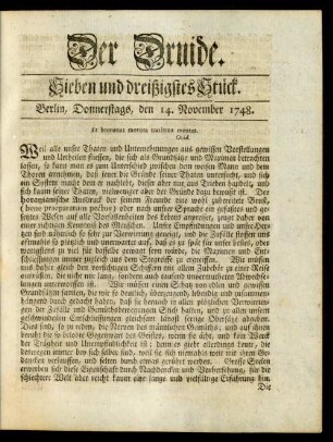 Sieben und dreißigstes Stück. Berlin, Donnerstags, den 14. November 1748
