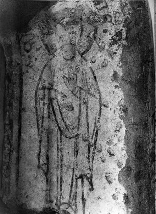 Heiliger : Kleinlobming. Pfarrkirche Sankt Thomas. Wandmalerei (1242). Heilige (Rest eines Wandgemäldes in der rechten Fensterlaibung des zugemauerten romanischen Chorfensters)