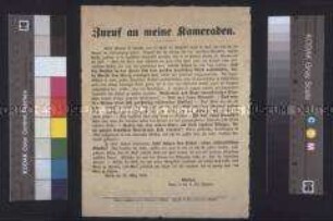 Handzettel: Zuruf an meine Kameraden. Aufruf des Lieutenants Oelze sich der Revolution anzuschließen; Berlin, 21. März 1848