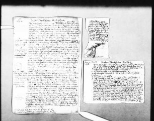 Entwurf für einen Bericht Schickhardts über einen schadhaften Brückenpfeiler, 1630, auf der Rückseite Skizze einer Holzkonstruktion (Folio); Notizen dazu (Quart, Oktav); Schreiben der Rentkammer, unterschrieben von Erhardt von Rammingen, für die Lieferung von 15 Eichen durch den Forstmeister, 11. Juni 1630 (Folio); Abrechnungen über die Maurerarbeit, 1632 (3 Folio, Quart)