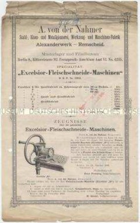 Zeugnisse über die patentierten Excelsior-Fleischschneide-Maschinen