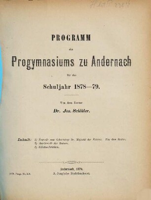 Programm des Progymnasiums zu Andernach : für das Schuljahr .... 1878/79