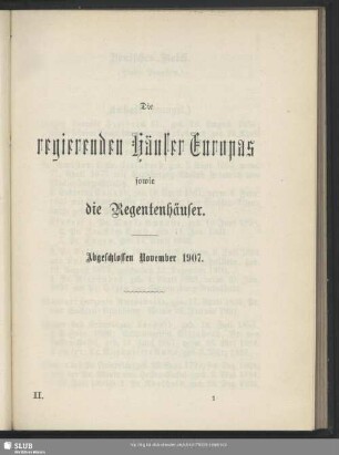 Die regierenden Häuser Europas sowie die Regentenhäuser europäischer Abkunft