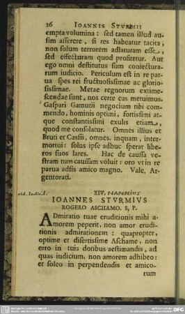 XIV. Ioannes Sturmius Rogero Aschamo. S. P.