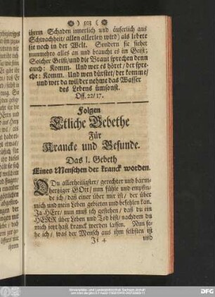 Folgen Etliche Gebethe Für Krancke und Gesunde.