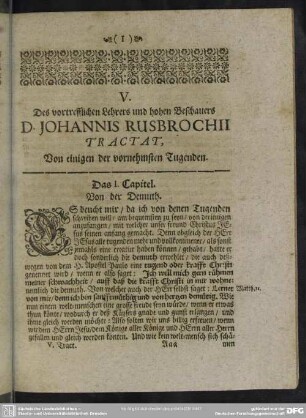 V. Des vortrefflichen Lehrers und hohen Beschauers D. Johannis Rusbrochii Tractat, Von einigen der vornehmsten Tugenden