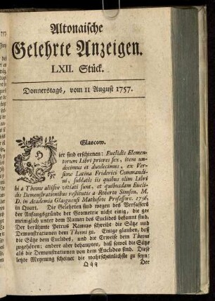LXII. Stück. Donnerstags, vom 11 August 1757