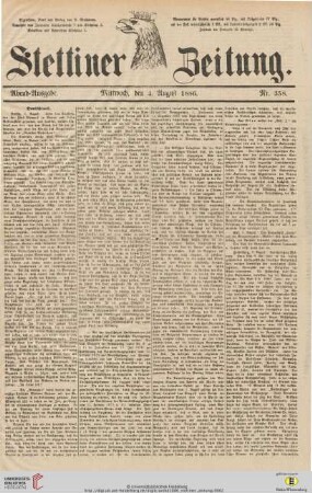 „Heidelberg, 3. August …“. In: Stettiner Zeitung, Nr. 358, 04.08.1886, Abend-Ausgabe, S. [1]-[2]