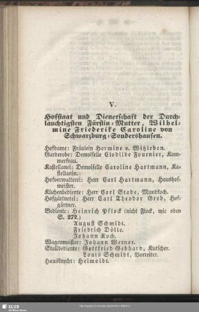 V. Hofstaat und Dienerschaft der Durchlauchtigsten Fürstin-Mutter, Wilhelmine Friederike Caroline von Schwarzburg-Sondershausen