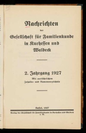 Nachrichten der Gesellschaft für Familienkunde in Kurhessen und Waldeck, 2. Jahrgang, 1927