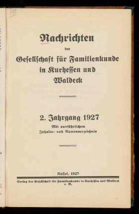 Nachrichten der Gesellschaft für Familienkunde in Kurhessen und Waldeck, 2. Jahrgang, 1927