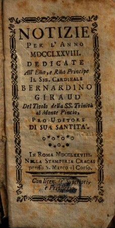 Notizie : per l'anno ..., 1778