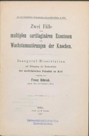 Zwei Fälle von multiplen cartilaginären Exostosen mit Wachstumsstörungen der Knochen