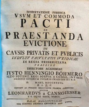 Dissertatione iuridica usum et commoda pacti de praestanda evictione in causis privatis et publicis