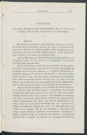 Discurso del señor Prefecto del Departamento, Dr. J. Salvador Cavero, declarando inaugurado el monumento.