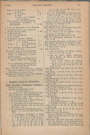Gebühren-Tarif für Telegramme. [Postgebühr. Eisenbahn-Fahrpreise für kurze Touren. Fahrpreise auf den Dampfschiffen.]