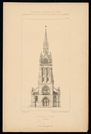 Dreischiffige Kirche: Westseite (aus: C. Schäfer, Die Bauhütte, Entwürfe im Stile des Mittelalters, 1. Bd., 1883, Tafel 45)