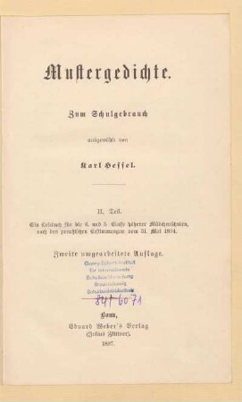Teil 2, [Schülerband]: Ein Lesebuch für die 6. und 5. Klasse höherer Mädchenschulen : nach den preußischen Bestimmungen vom 31. Mai 1894
