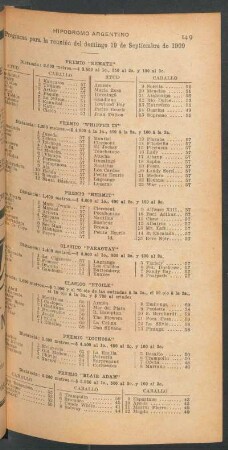 Hipódromo Argentino - Programa para la reunión del domingo 19 de septiembre de 1909