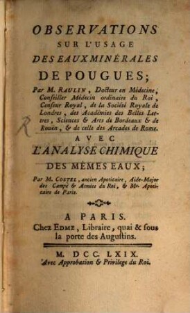 Observations Sur L'Usage Des Eaux Minérales de Pougues