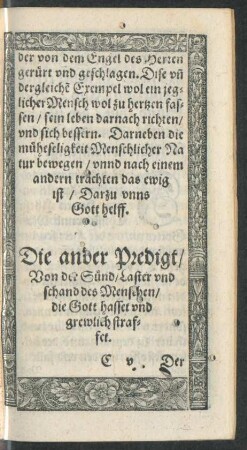 Die ander Predigt/ Von der Sünd/ Laster und schand des Menschen/ die Gott hasset und grewlich straffet.
