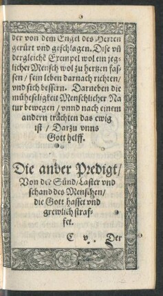 Die ander Predigt/ Von der Sünd/ Laster und schand des Menschen/ die Gott hasset und grewlich straffet.