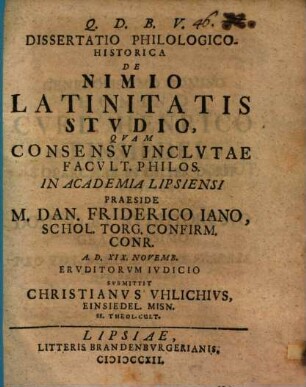 Dissertatio Philologico-Historica De Nimio Latinitatis Studio
