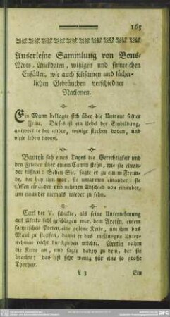 Auserlesene Sammlung von Bons-Mots, Anekdoten, witzigen und sinnreichen Einfällen, wie auch seltsamen und lächerlichen Gebräuchen verschiedner Nationen